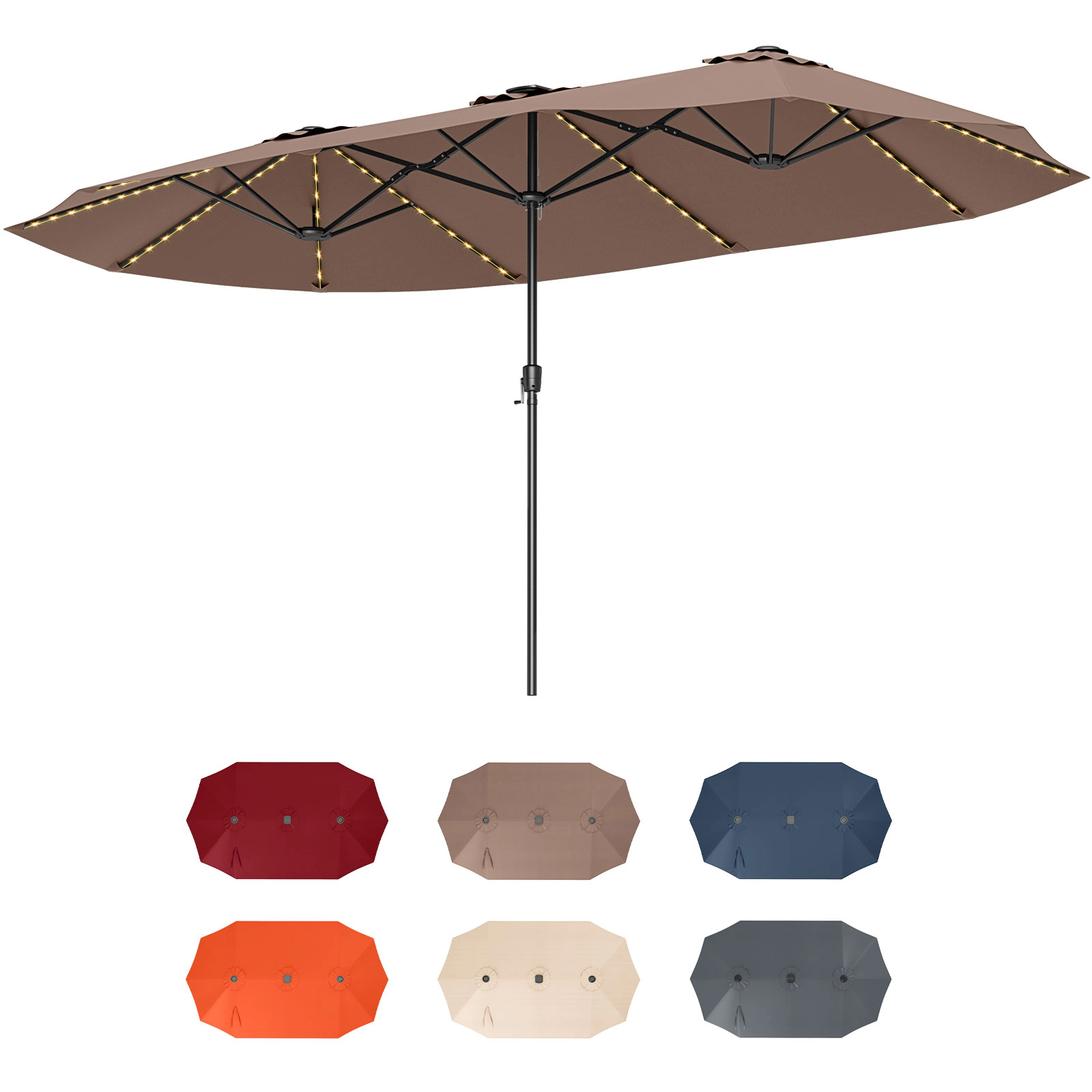 SUGIFT 15.5-ft Double-Sided Patio Umbrella with LED Solar Lights and Crank Handle Brown