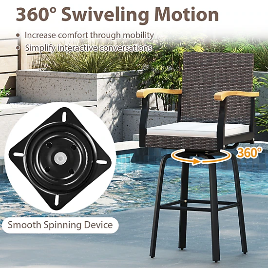 SUGIFT Swivel Rattan Patio Bar Stools Set of 2 with Acacia Wood ...
