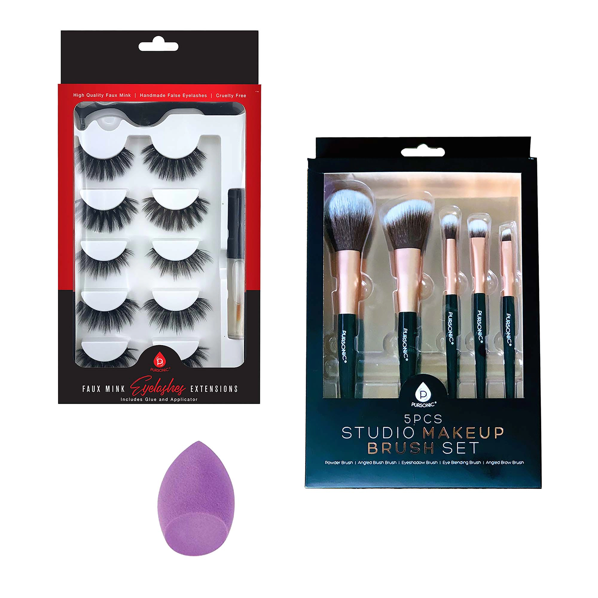 Pursonic Women's Makeup Glam Bundle with 3D Faux Mink False Eyelashes, Makeup Blender Sponge & 5-Piece Studio Brush Set