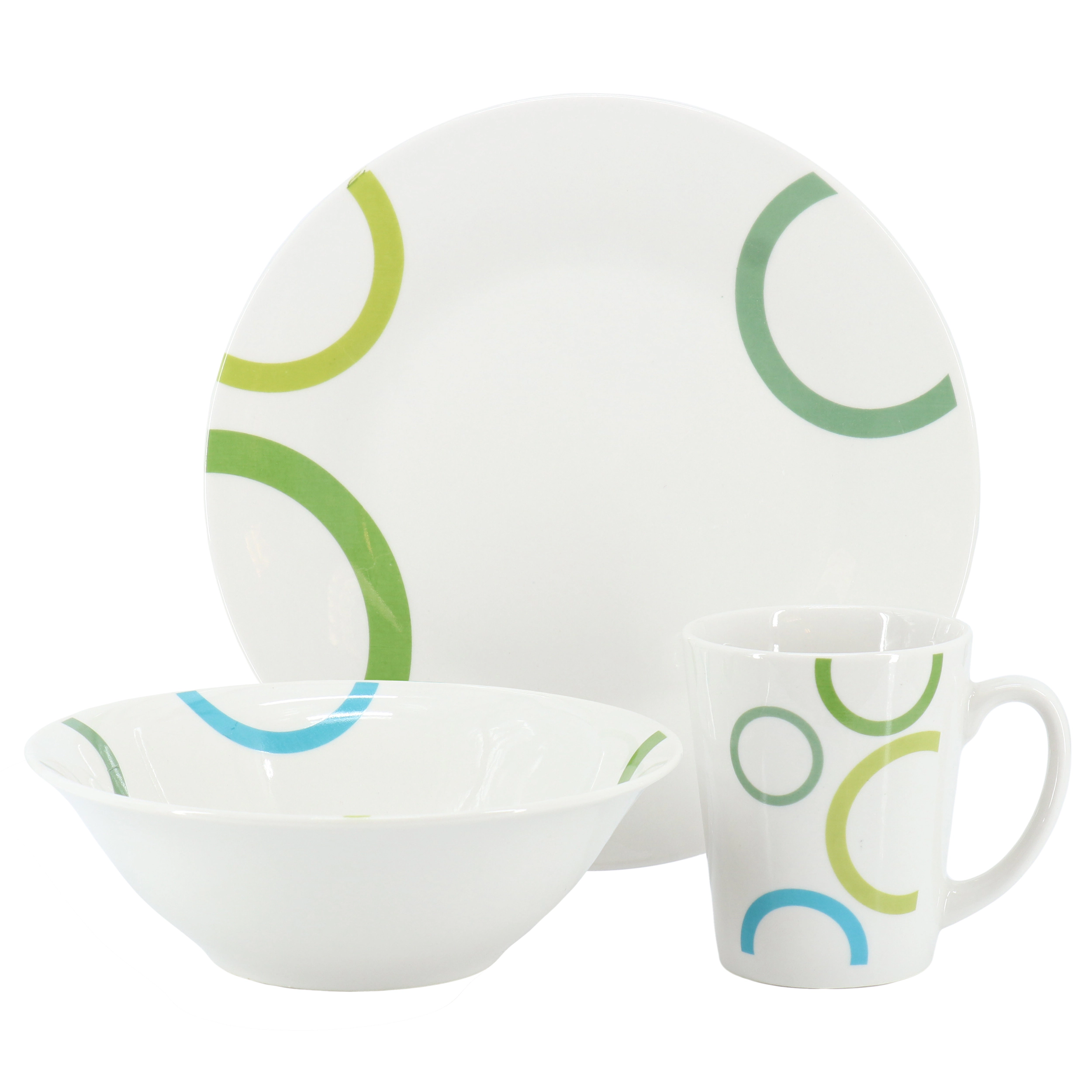Gibson Home Green Loops 12 Piece Round Fine Ceramic Dinnerware Set in White