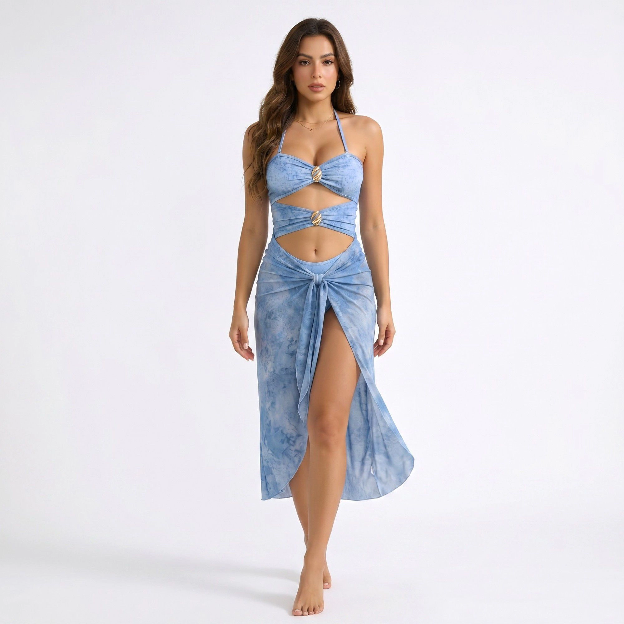 Anna-Kaci Women's Halter Cutout One-Piece Swimsuit with Tie-Front Wrap Skirt, Light Blue