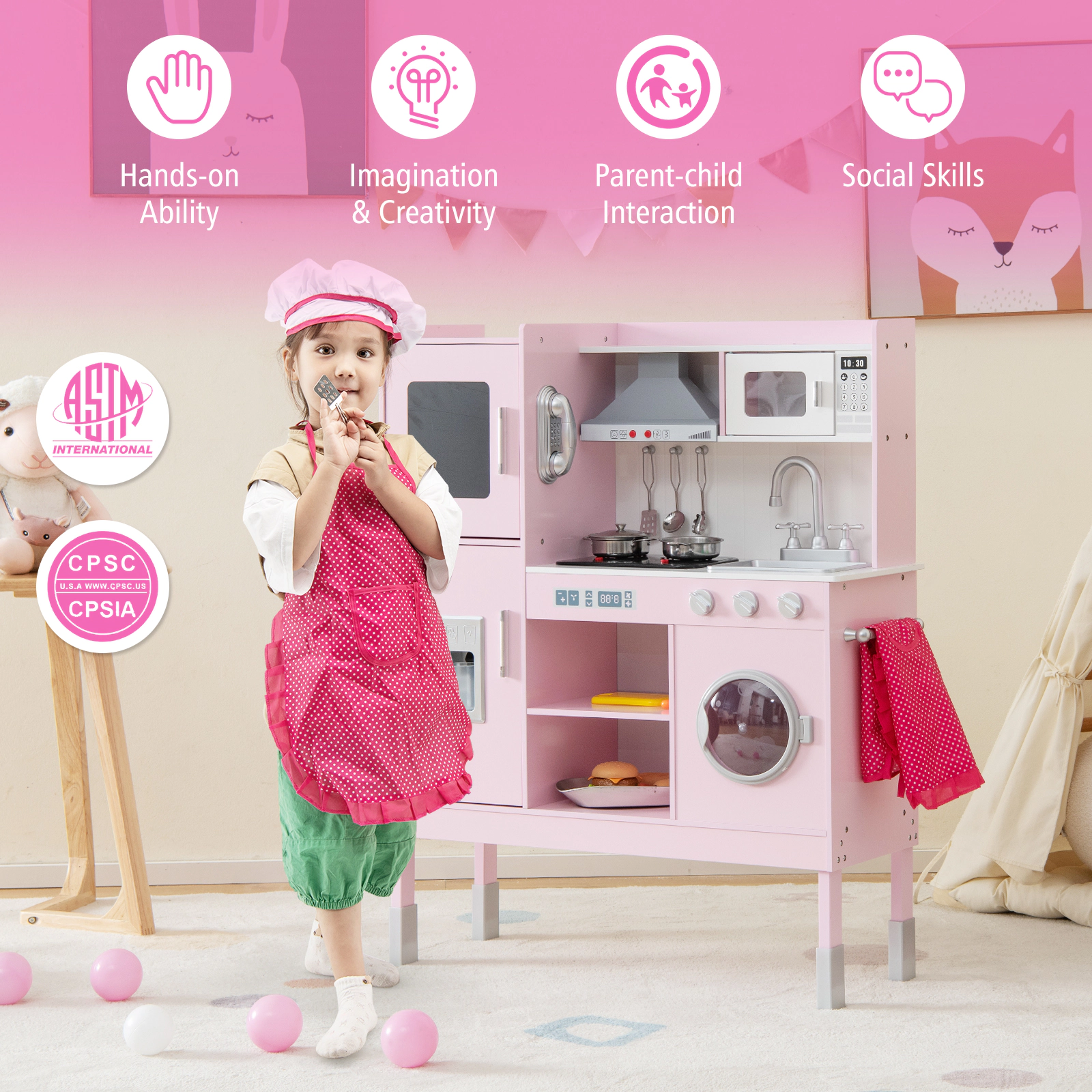 SUGIFT 3-Position Adjustable Pretend Play Kitchen for Kids with 16 Accessories 40.5-in Tall Frame Ages 3+ Pink