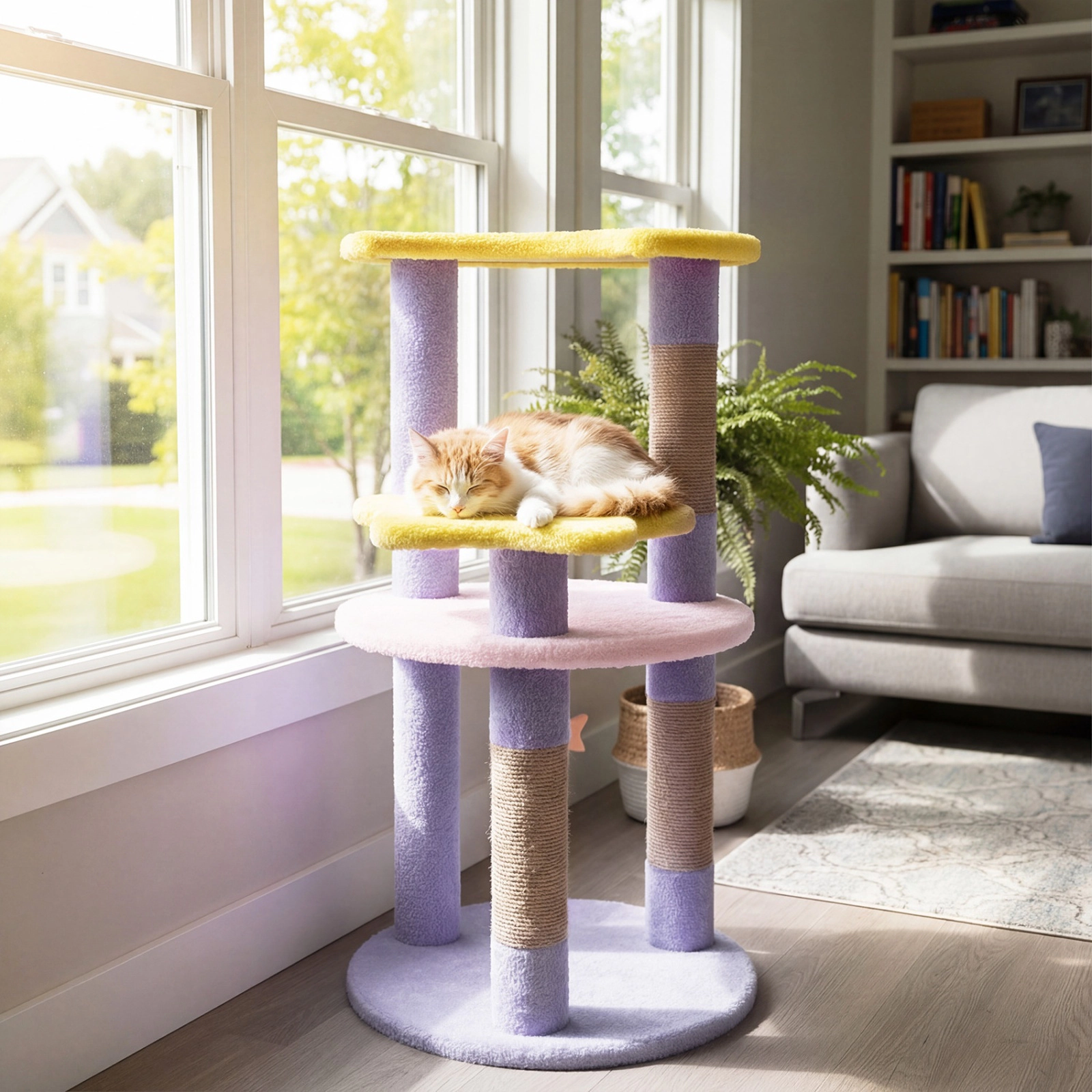 SUGIFT 29-in Modern Cat Tree with Star & Moon Shaped Platforms 11-lb Net Weight 4-Layer Climbing Tower Purple+Yellow