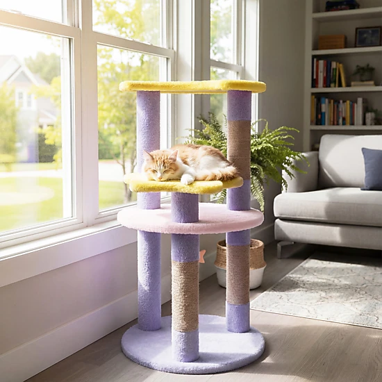 SUGIFT 29-in Modern Cat Tree with Star & Moon Shaped Platforms 11-lb Net Weight 4-Layer Climbing Tower Purple+Yellow
