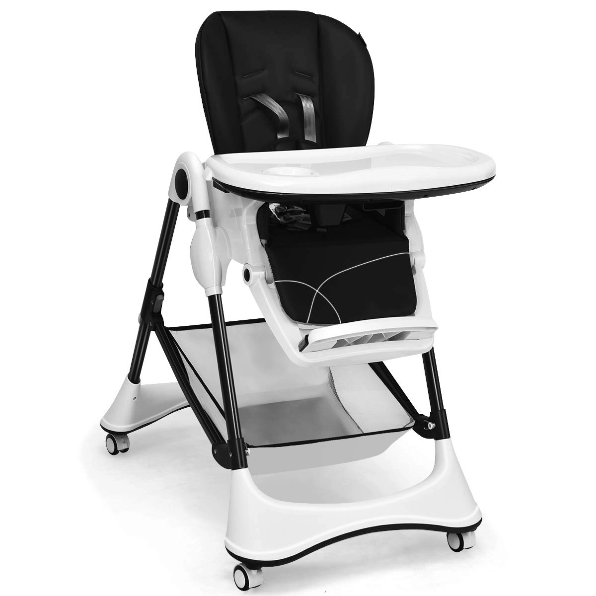 SUGIFT Foldable A-Shaped High Chair with 4 Lockable Wheels 50-lb Capacity Ages 0-36 Months 20.5-in Tray Black