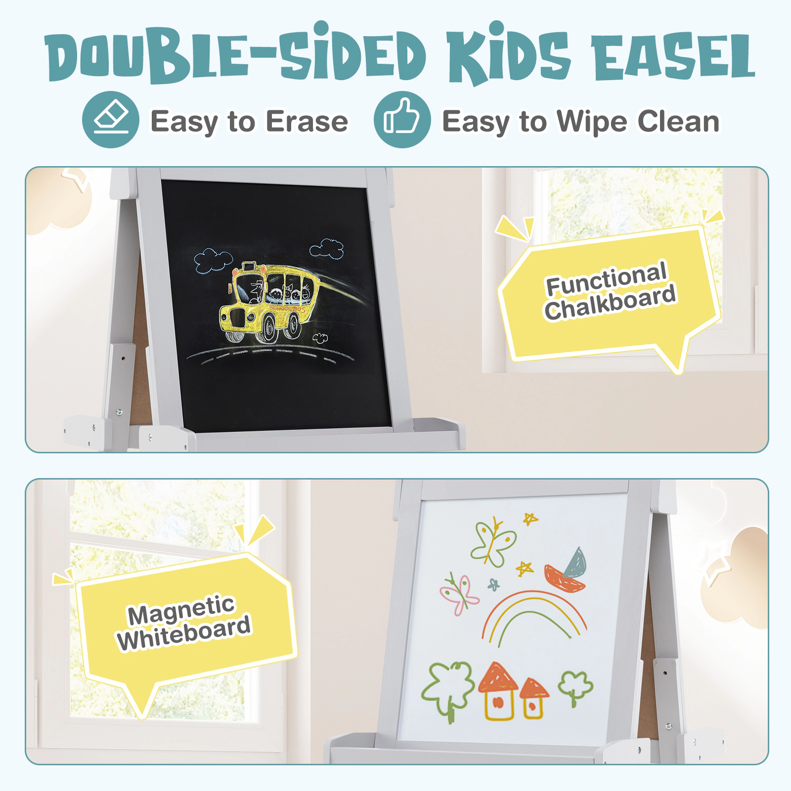 SUGIFT 3-in-1 Double-sided Kids Art Easel with Chalkboard and Magnetic Whiteboard 33-lb Tool Tray Capacity 3+ Years Gray