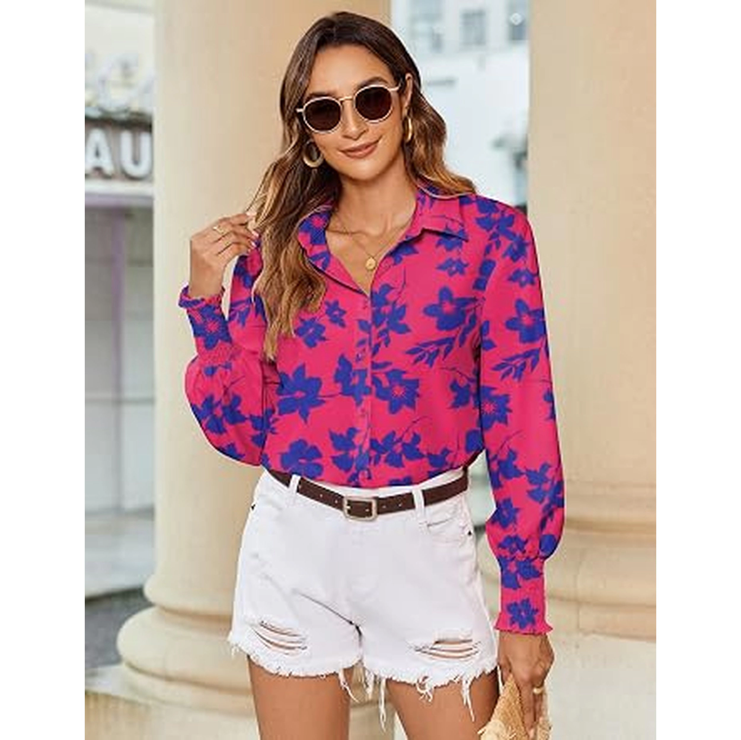 Zeagoo Women's Striped Printed Lantern Long Sleeve Blouses Smocked Cuff Business Work Tops
