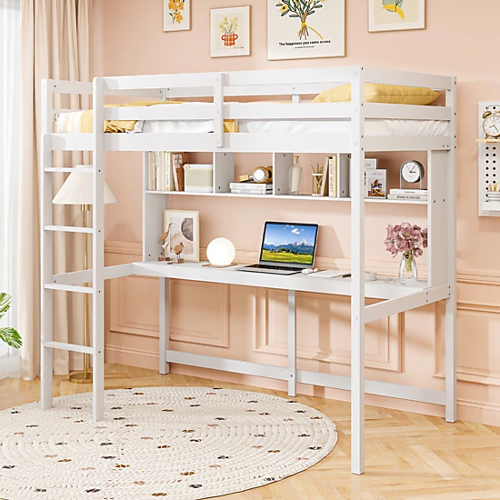 SUGIFT Twin Loft Bed with Desk and Shelves, White Pine Frame, 250-lb Capacity
