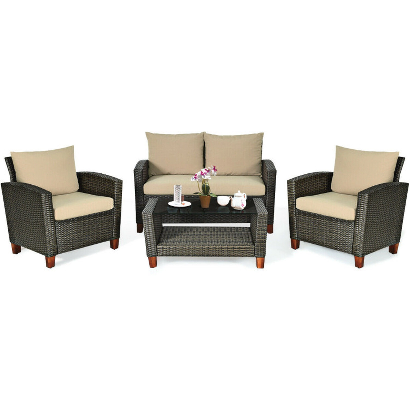 SUGIFT Beige Loveseat Armchairs and Coffee Table 4-Piece Patio Rattan Sofa Set
