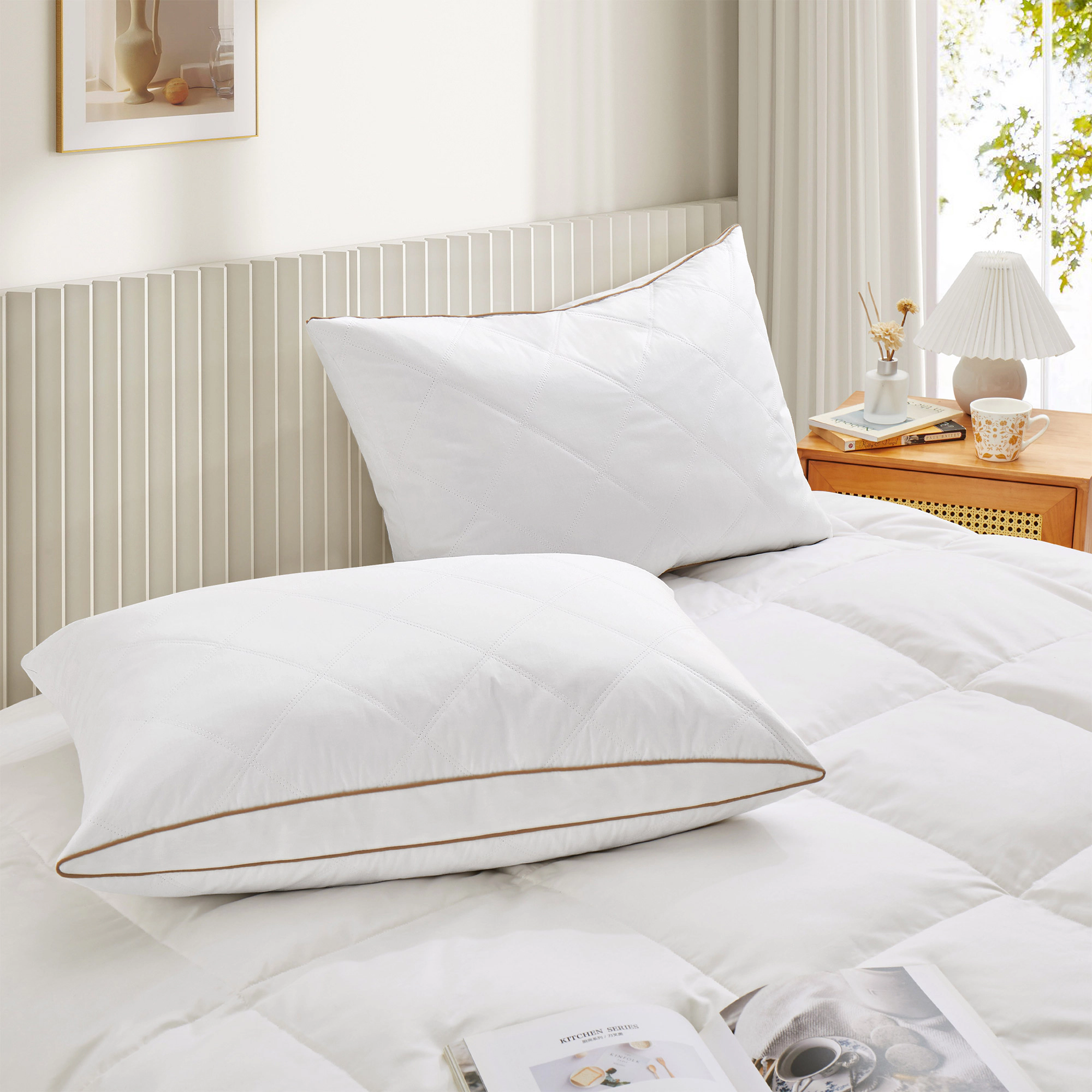 Unikome Twin Pack Goose Feather & Down Pillows – 1.5" Oval Gusset, Breathable 100% Cotton Cover