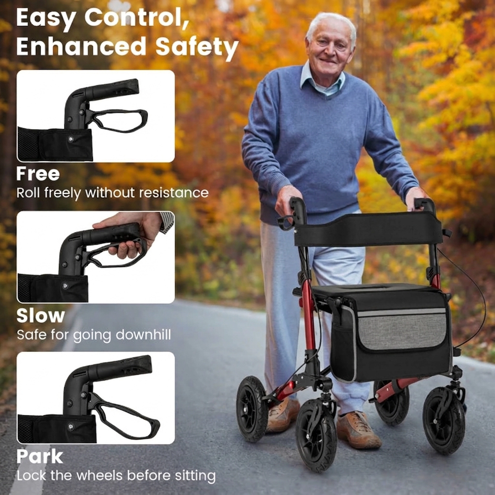 SUGIFT Red All Terrain Rollator Walker with 9-in Pneumatic Tires 24.4-in W 32.3-in D 308-lb User Capacity