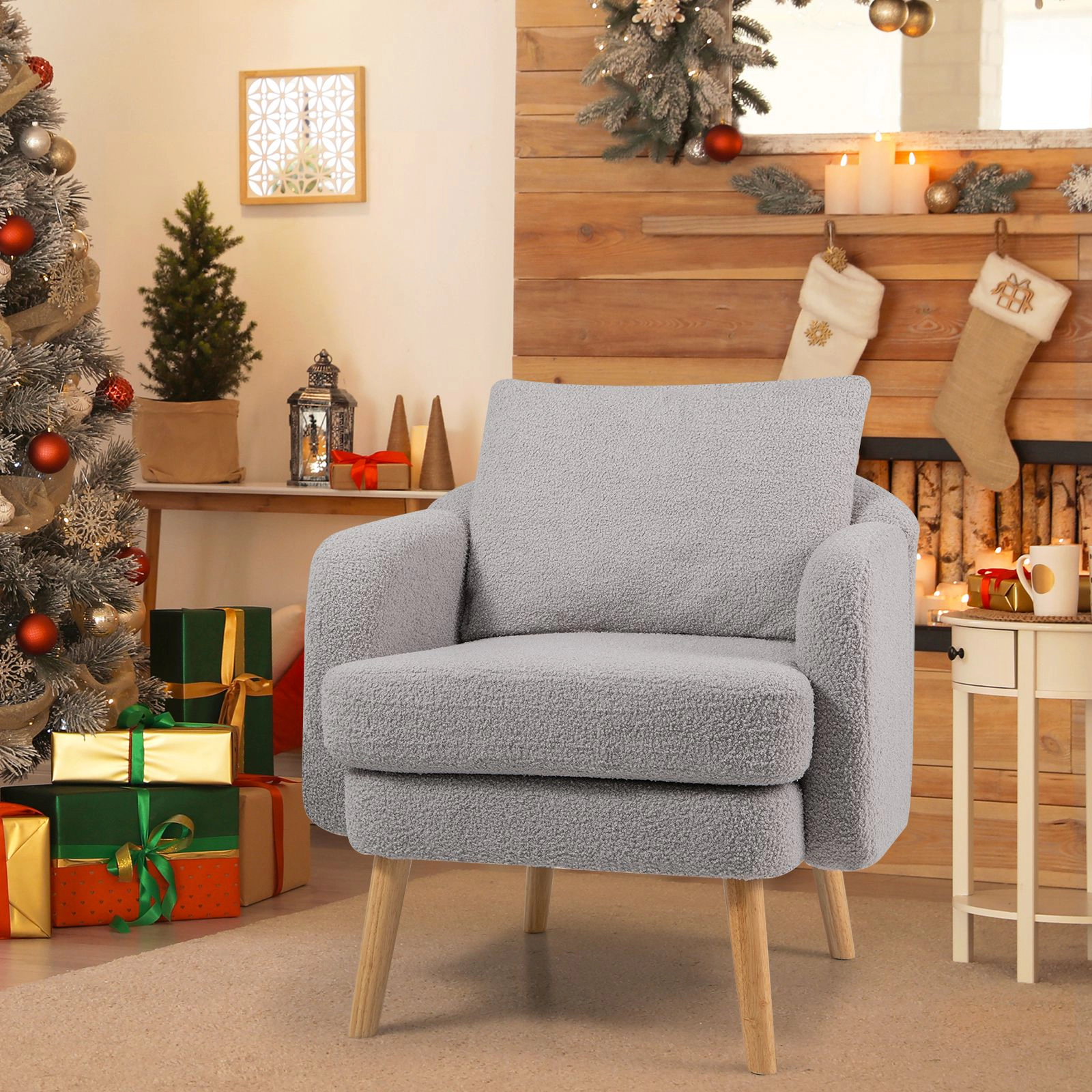 SlickBlue  Upholstered Sherpa Armchair with Pillow & Rubber Wood Legs