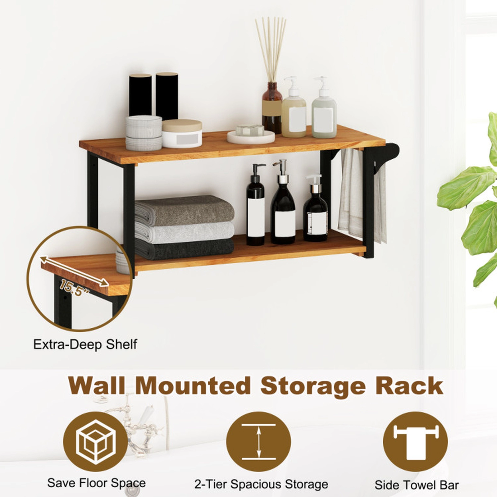 SUGIFT 2-Tier Teak Wood Wall Mounted Floating Shelf Rack Towel Bar 40.5-in x 15.5-in x 16-in 176-lb Capacity Natural