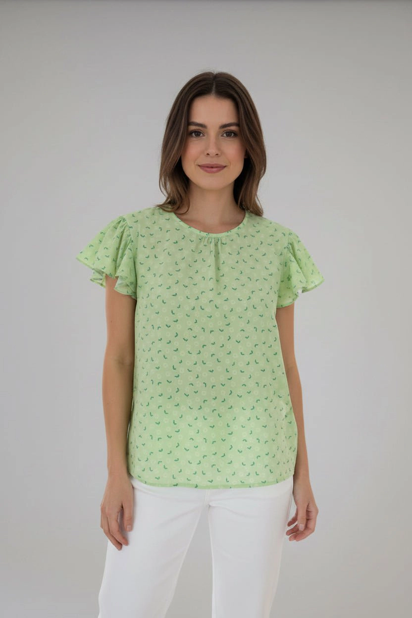 DressAtR Women's Flutter Sleeve Back Button Round Neck Blouse
