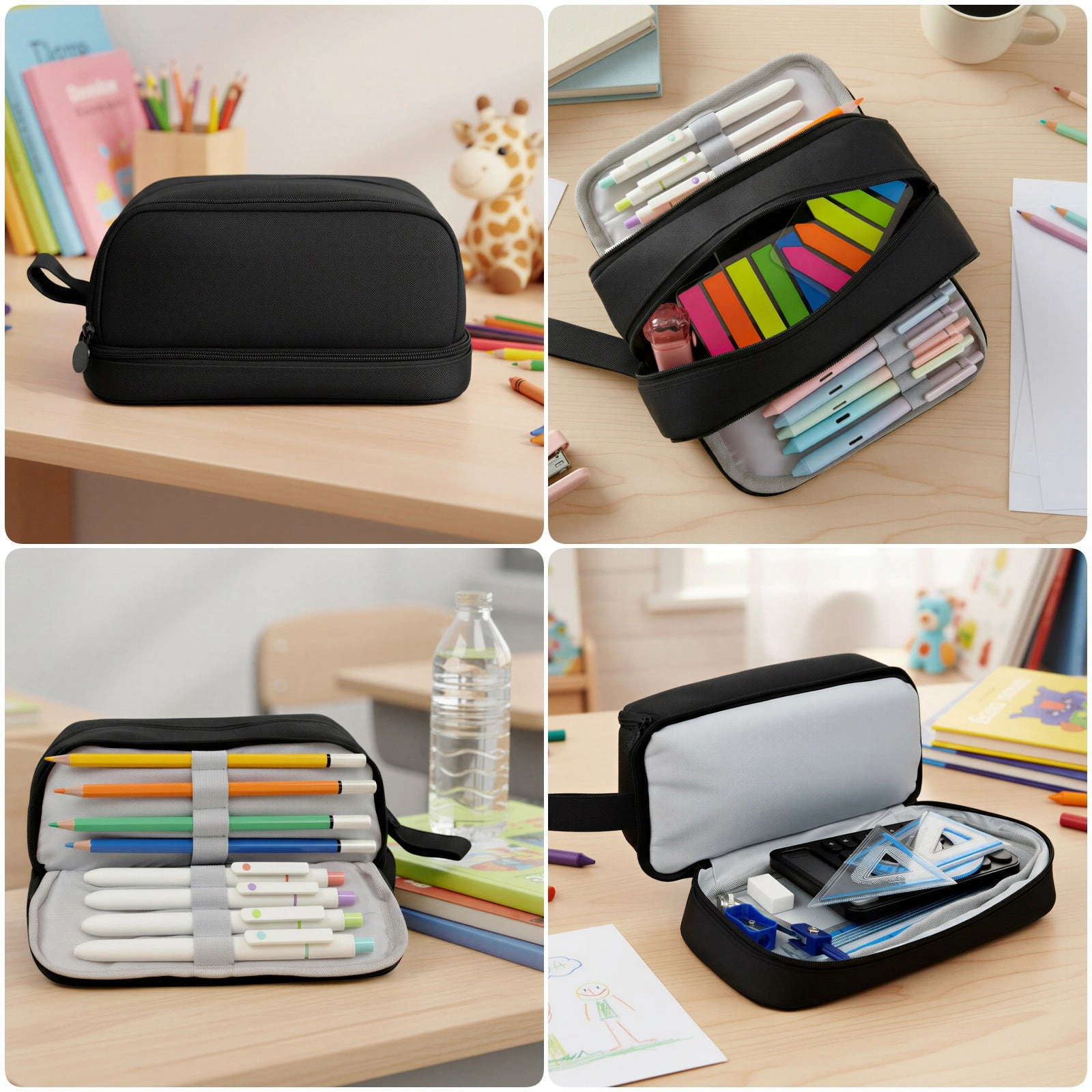 Wrapables 4-Compartment Pencil Case Set with Colorful Bear Highlighters, Black