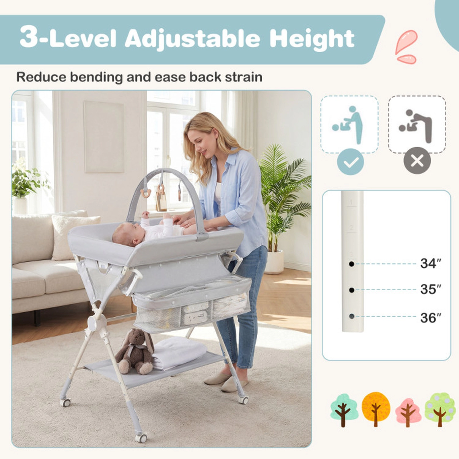 SUGIFT Foldable Baby Changing Table Diaper Station with Storage Bag and Shelf 55-lb Capacity Ages 0-12 Months Gray