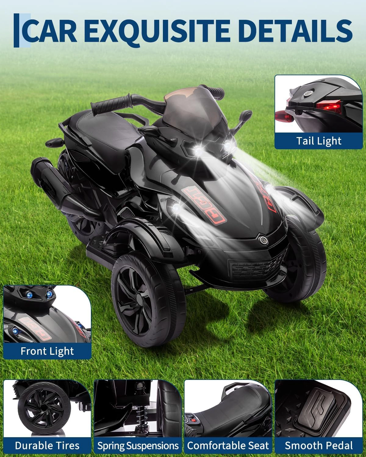 12V Kids Ride-On ATV, 3-Wheeler Electric Motorcycle, LED Lights, Music, Treaded Tires, 66Lbs, Ages 3-8, Boys Girls