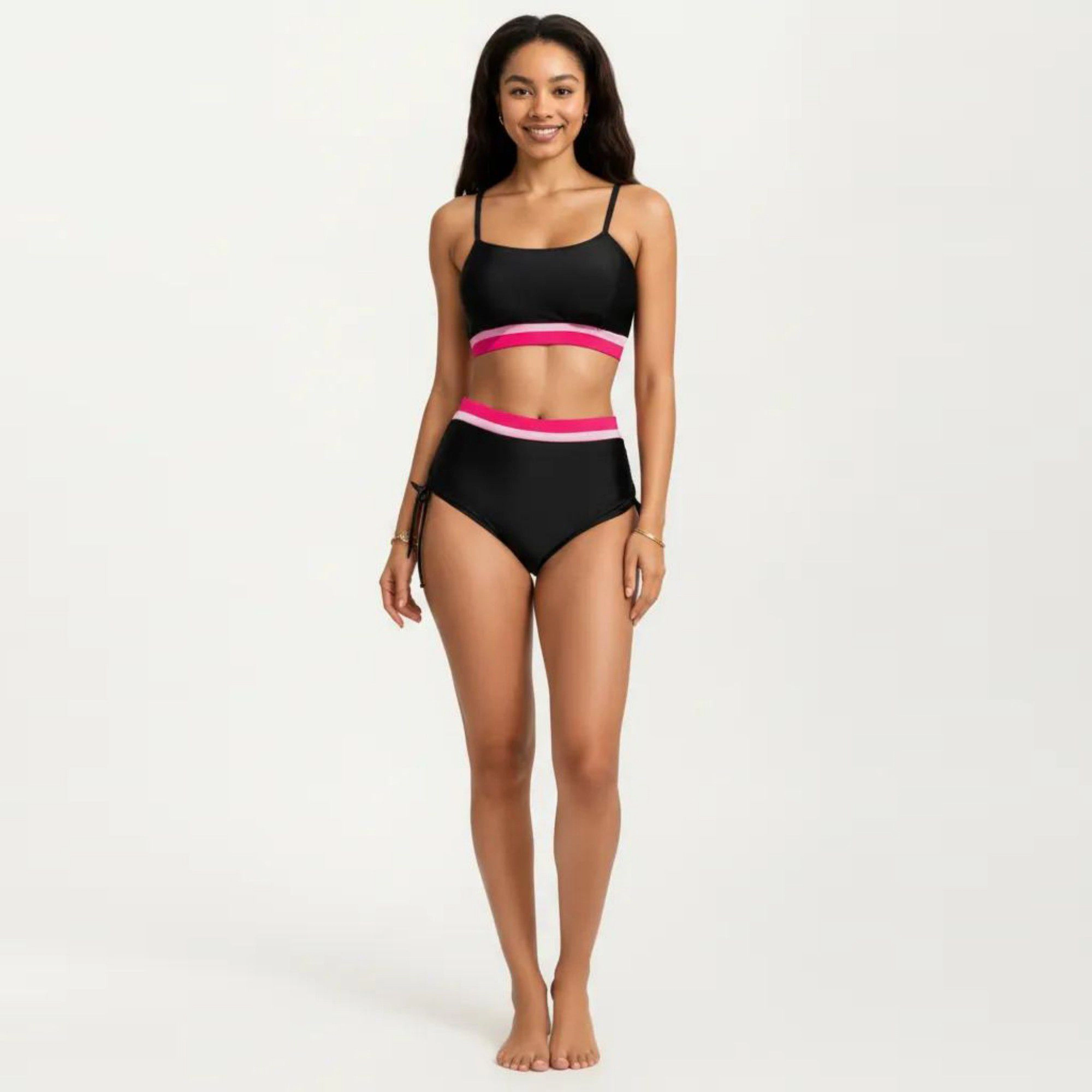 Anna-Kaci Women's Two Piece Bikini Set with Scoop Neck Top High Waist Bottom and Contrast Trim