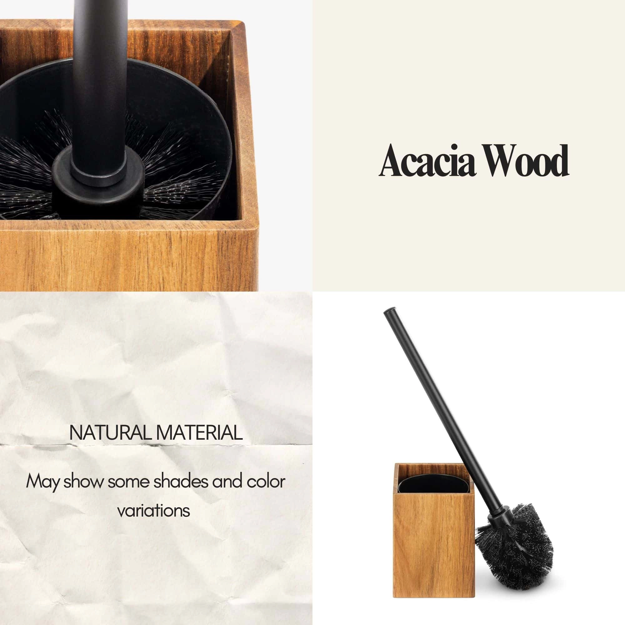 Evideco French Home Goods Acacia Wood Toilet Brush and Holder Set - Square Base, Black Handle