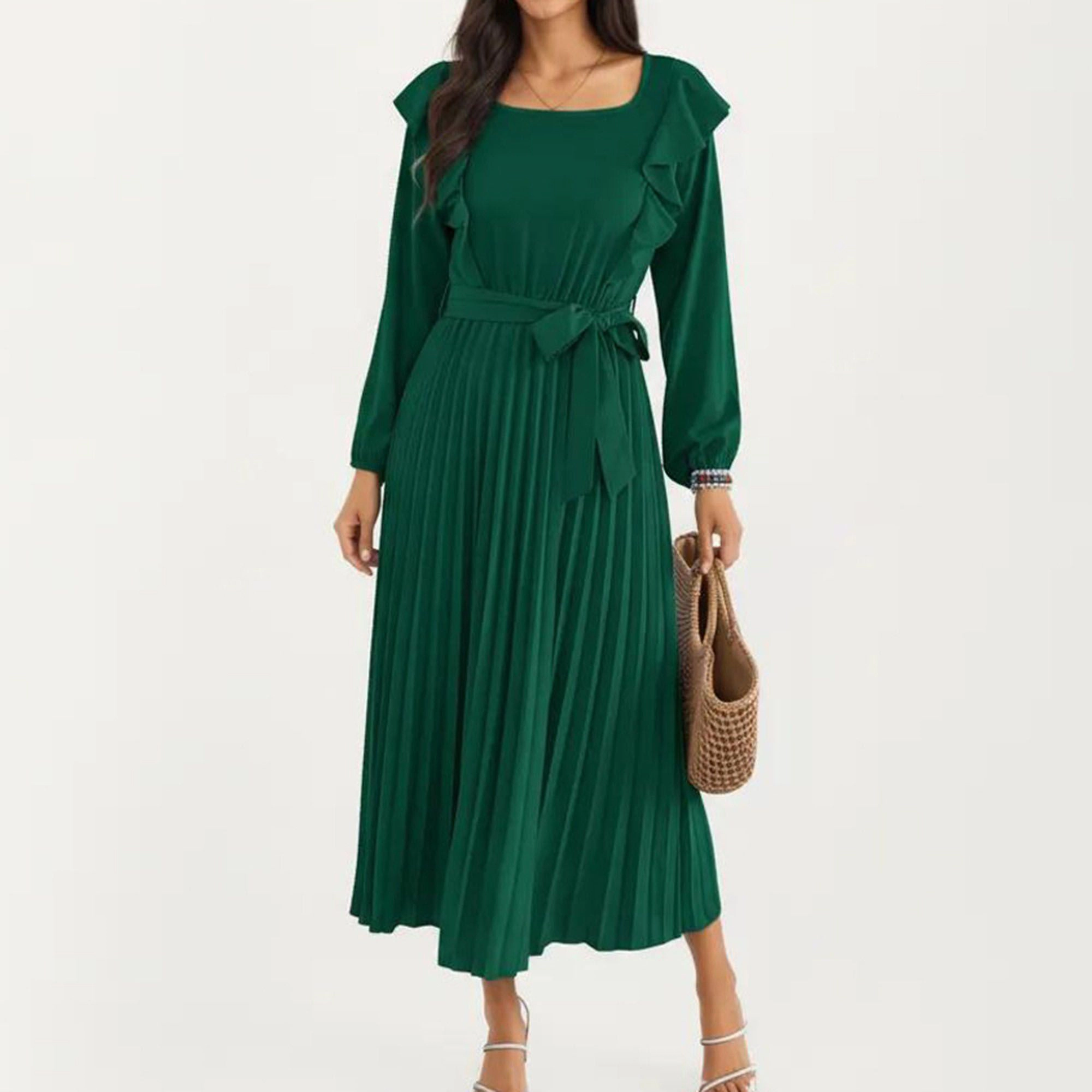 Anna-Kaci Women's Pleated Ruffle Shoulder Waist Tie Long Sleeve Dress