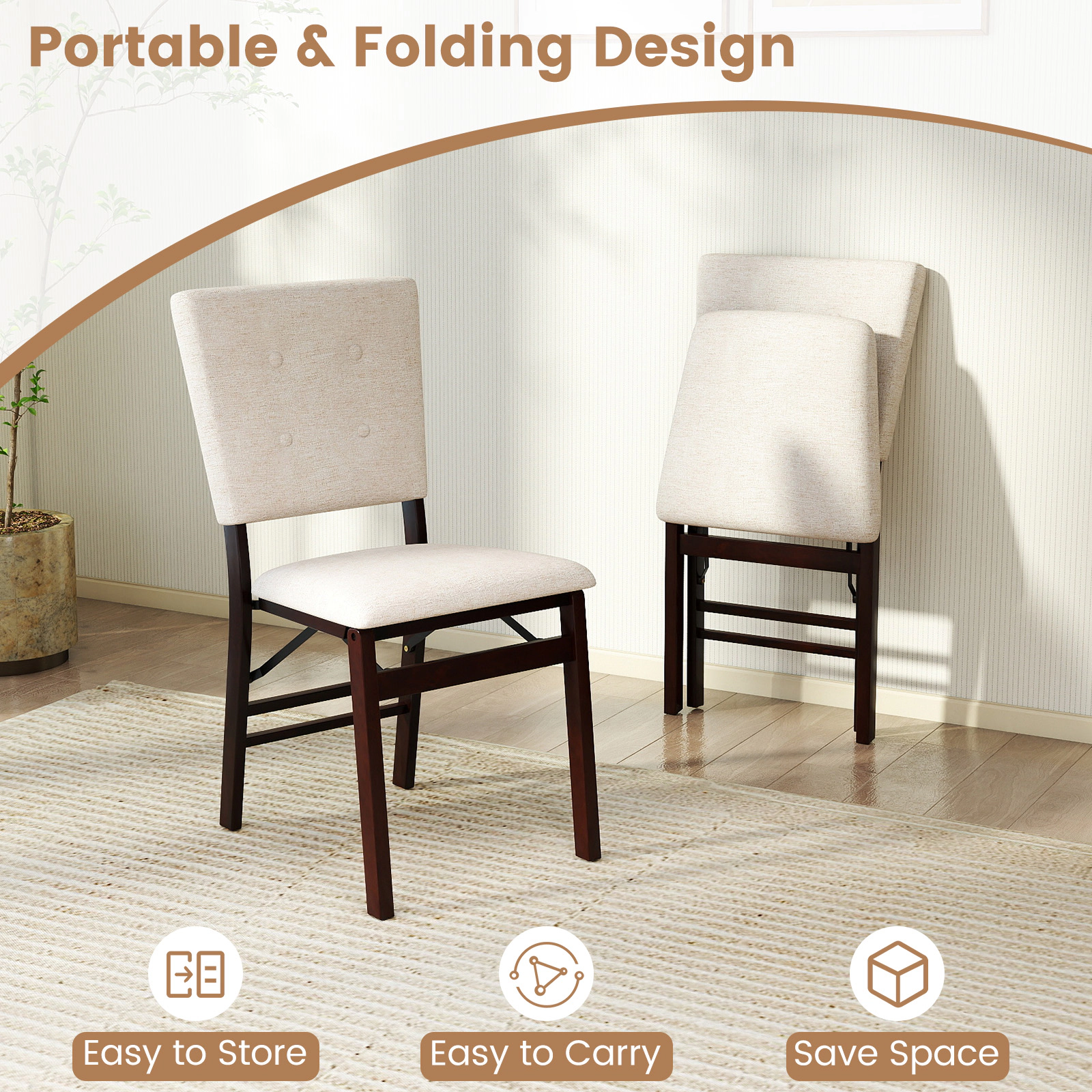 SUGIFT Beige Foldable Armless Padded Seat and Tilt Backrest Set of 2 Dining Chairs