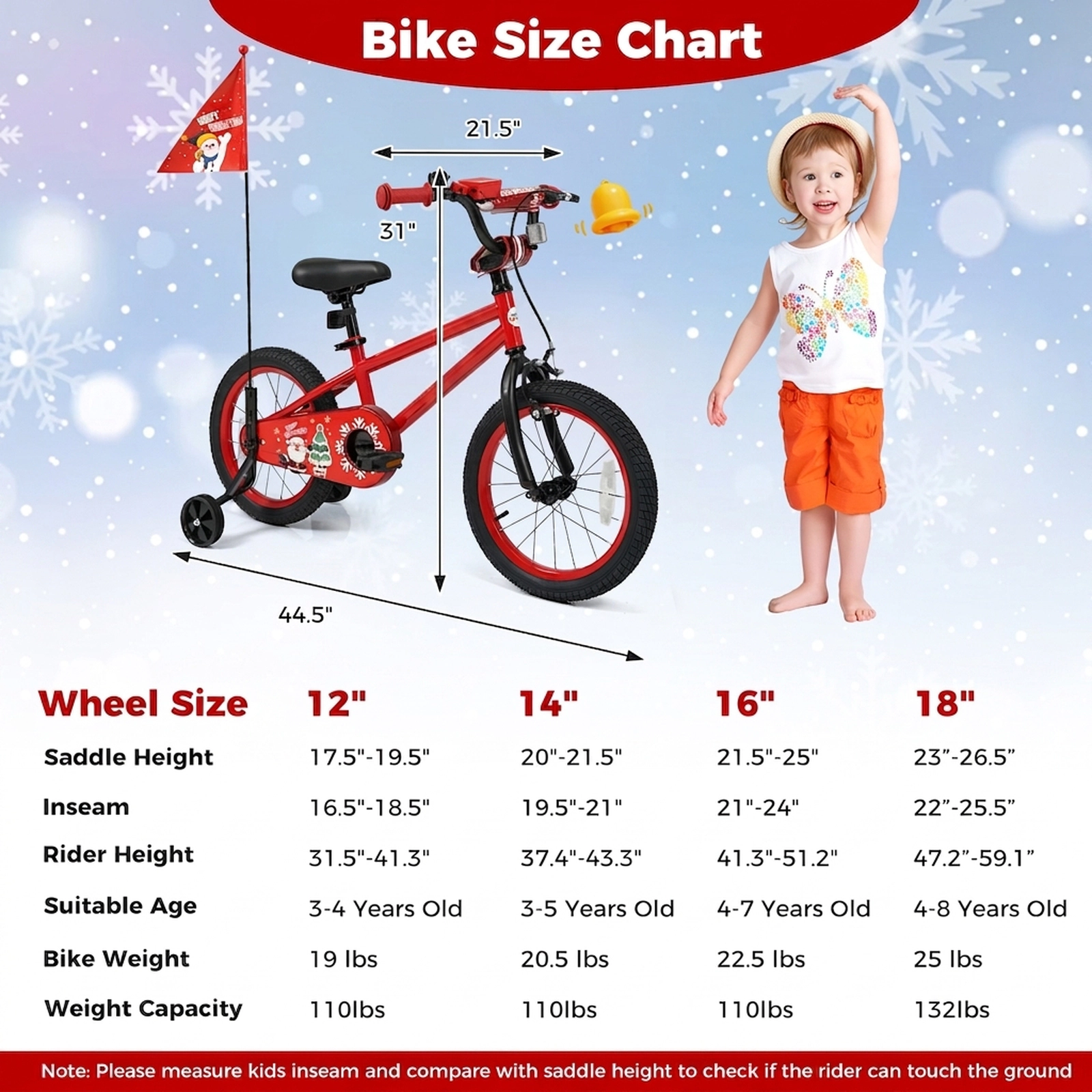 16-in Kids Bike Christmas Music Safety Flag Detachable Training Wheels Front V-Brake and Coaster Brake Ages 4-7 Red
