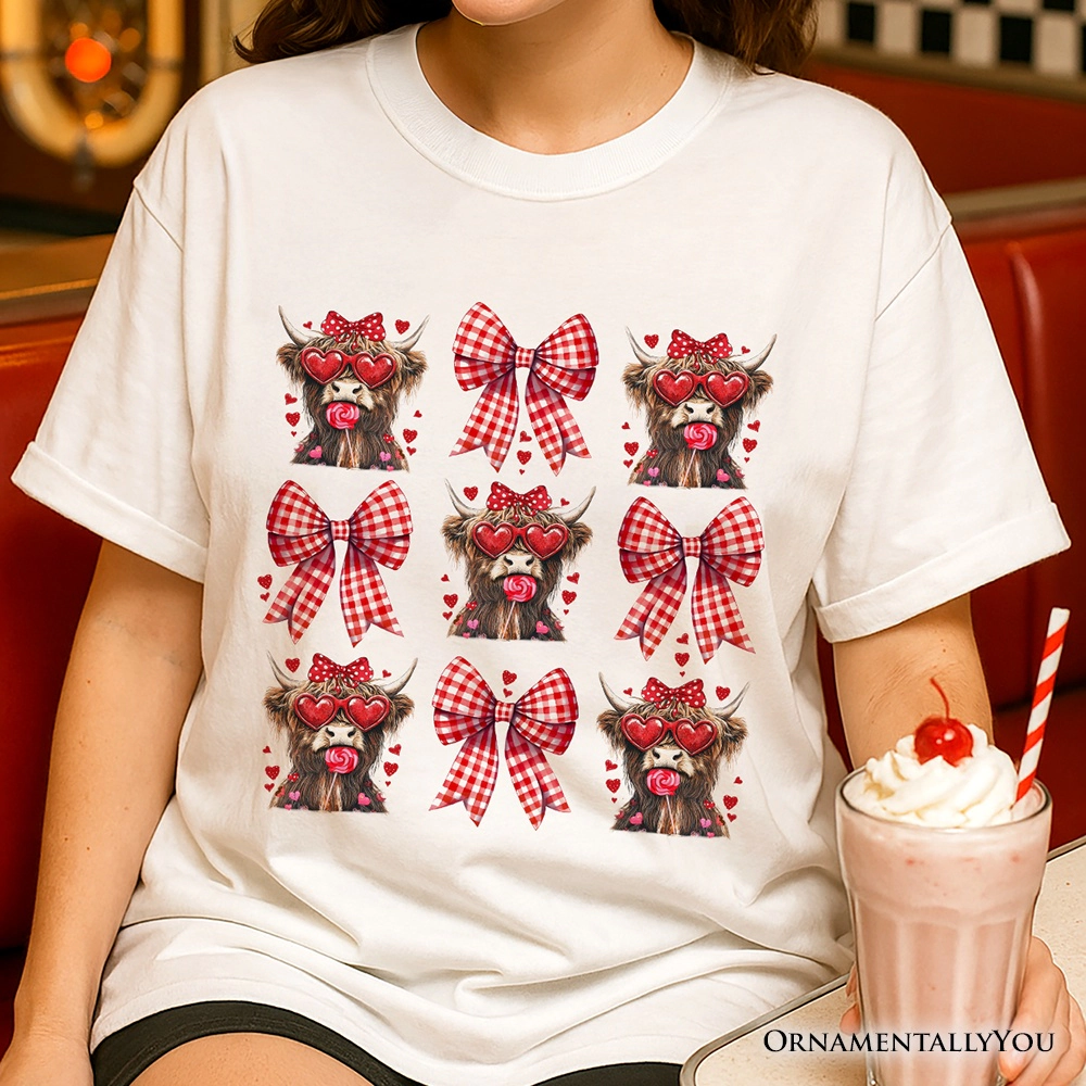 OrnamentallyYou Womens Highland Cow Coquette Bow Valentine T-Shirt