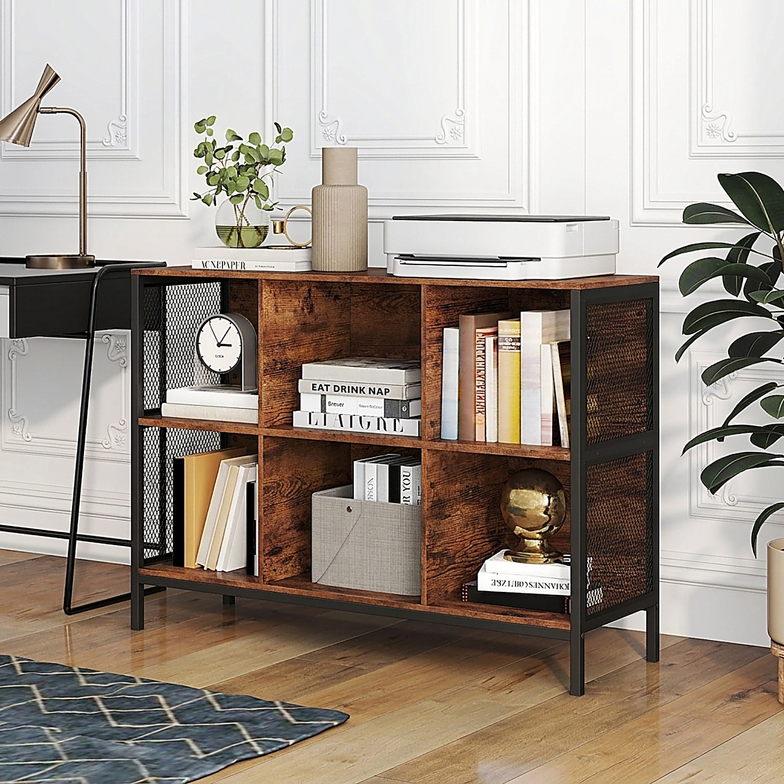 SUGIFT 6-Cube 42-in Wide Horizontal Bookshelf with Metal Frame and Accent Cubby Shelf for Living Room