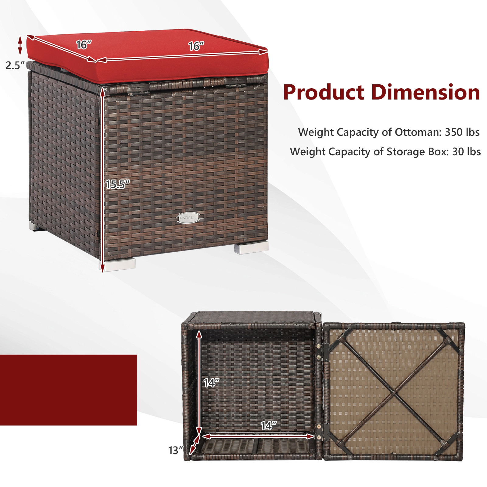 SUGIFT 2-Piece Patio Ottoman Storage Set with Removable Cushions 350-lb Top Capacity Red Mix Brown Rattan