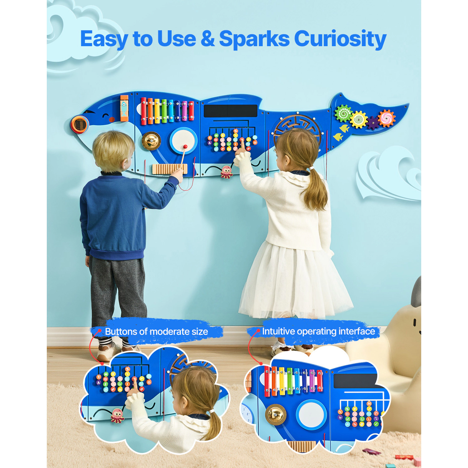 HONGGE Orca Wall Busy Board with 12 Activities, Montessori Sensory Learning Panel for Kids Ages 3 to 12