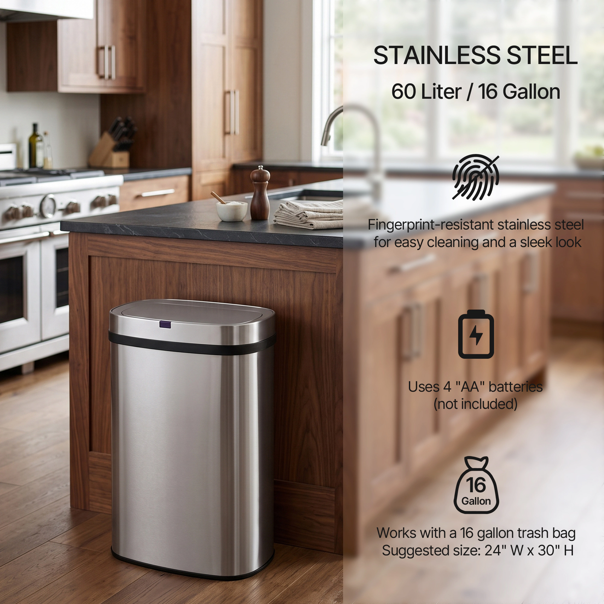 Innovaze 16 Gal. Touchless Motion Sensor Stainless Steel Kitchen Trash Can, Oval Design, Includes 45 Trash Bags, Silver