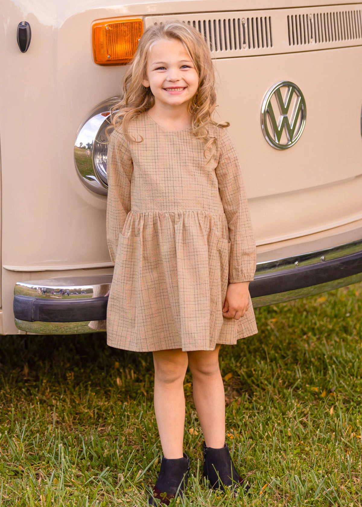 Mabel and Honey Plaid Woven Natural Waist Dress - Tan