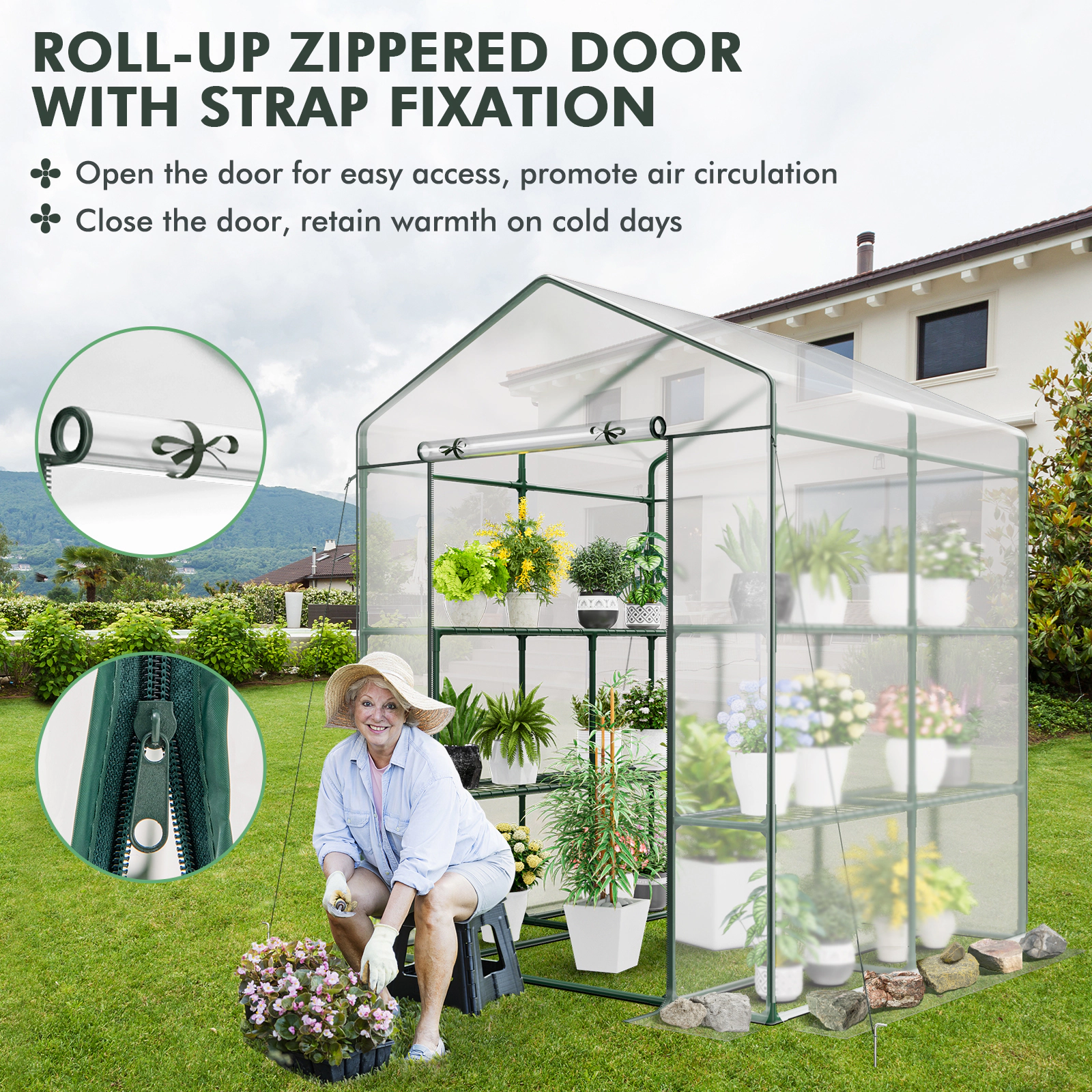 SUGIFT Walk-in Greenhouse with 3 Tiers 8 Mesh Shelves Clear PVC Cover and Roll-Up Zippered Door