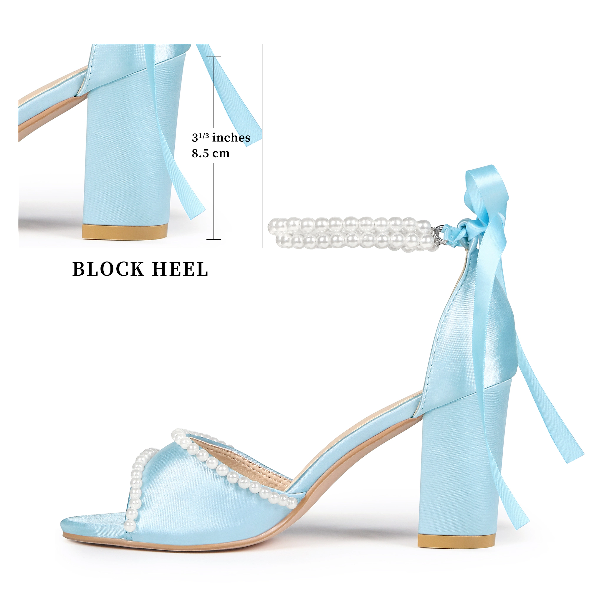 BLISSFUL STEP Women's Pearl Open Toe Block Heel Lace Up Satin Bridal Sandals