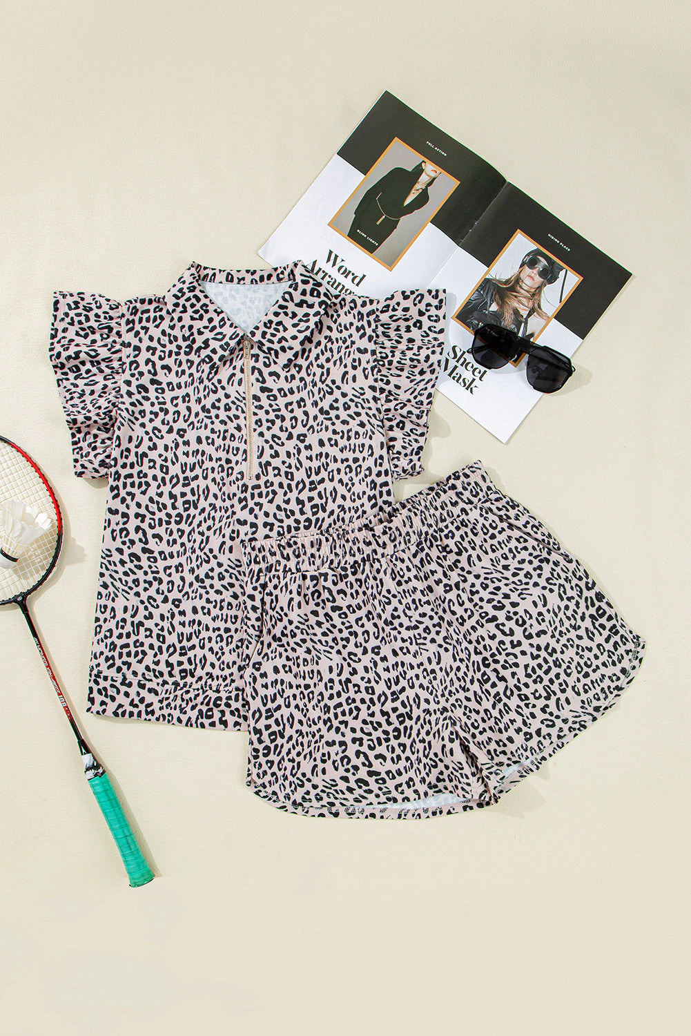 Threaded Pear Women's Leopard Half Zipper Collared Ruffled Sleeve Top and Short Set