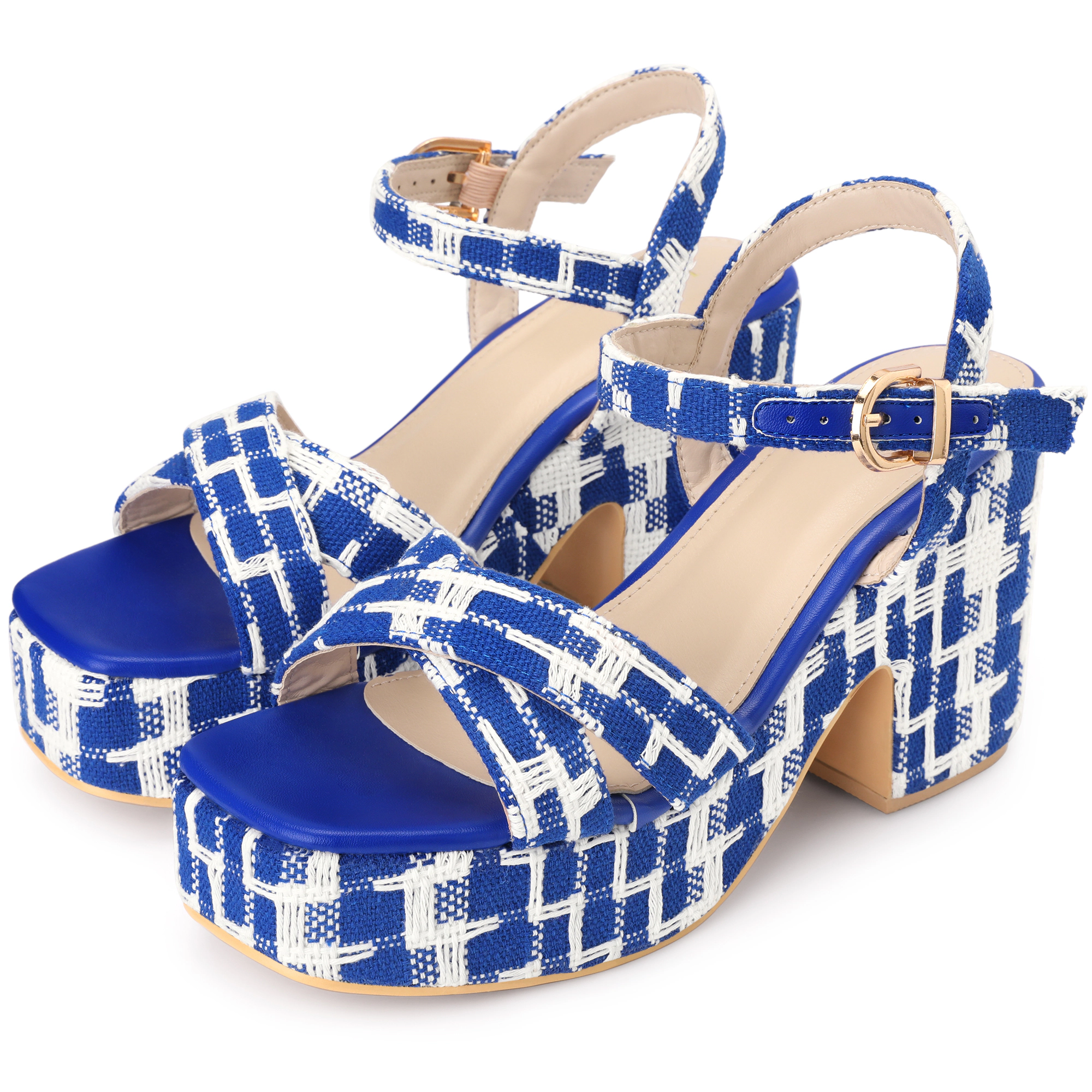 BLISSFUL STEP Women's Plaid Platform Chunky Heel Square Toe Ankle Strap Sandals