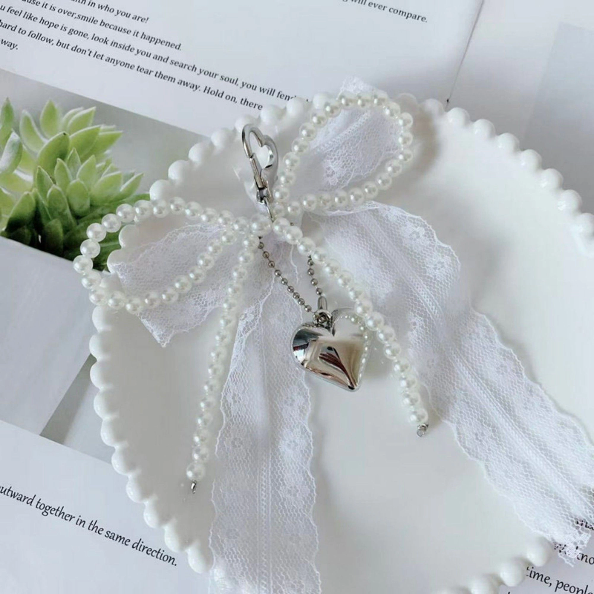 Alilang Women's Lace Bow Charm Keychain with Pearl Trim and Silver Heart Pendant