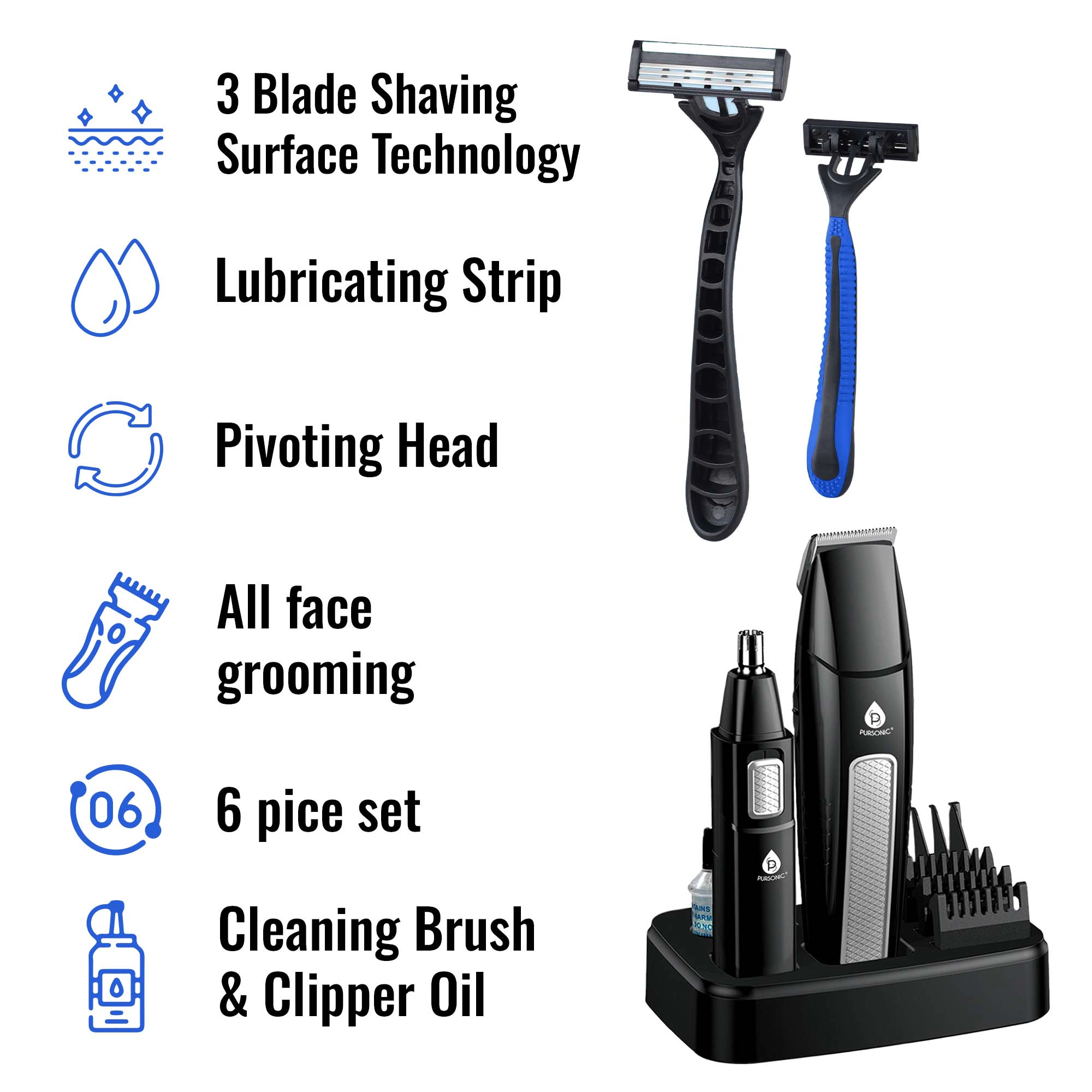 Pursonic Men's Grooming Essentials 10-Piece Hair, Beard & Body Grooming Kit with Disposable Razors Bundle
