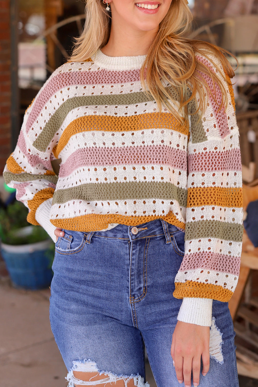 Threaded Pear Women's Caroline Striped Hollowed Knitted Loose Sweater