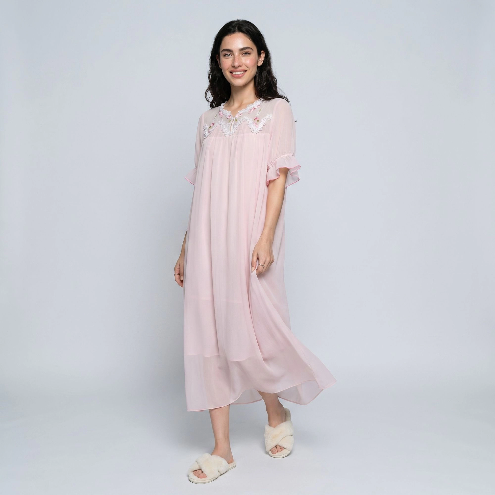 Anna-Kaci Women's Short Sleeve Nightgown with Embroidered Collar and Ruffle Cuffs
