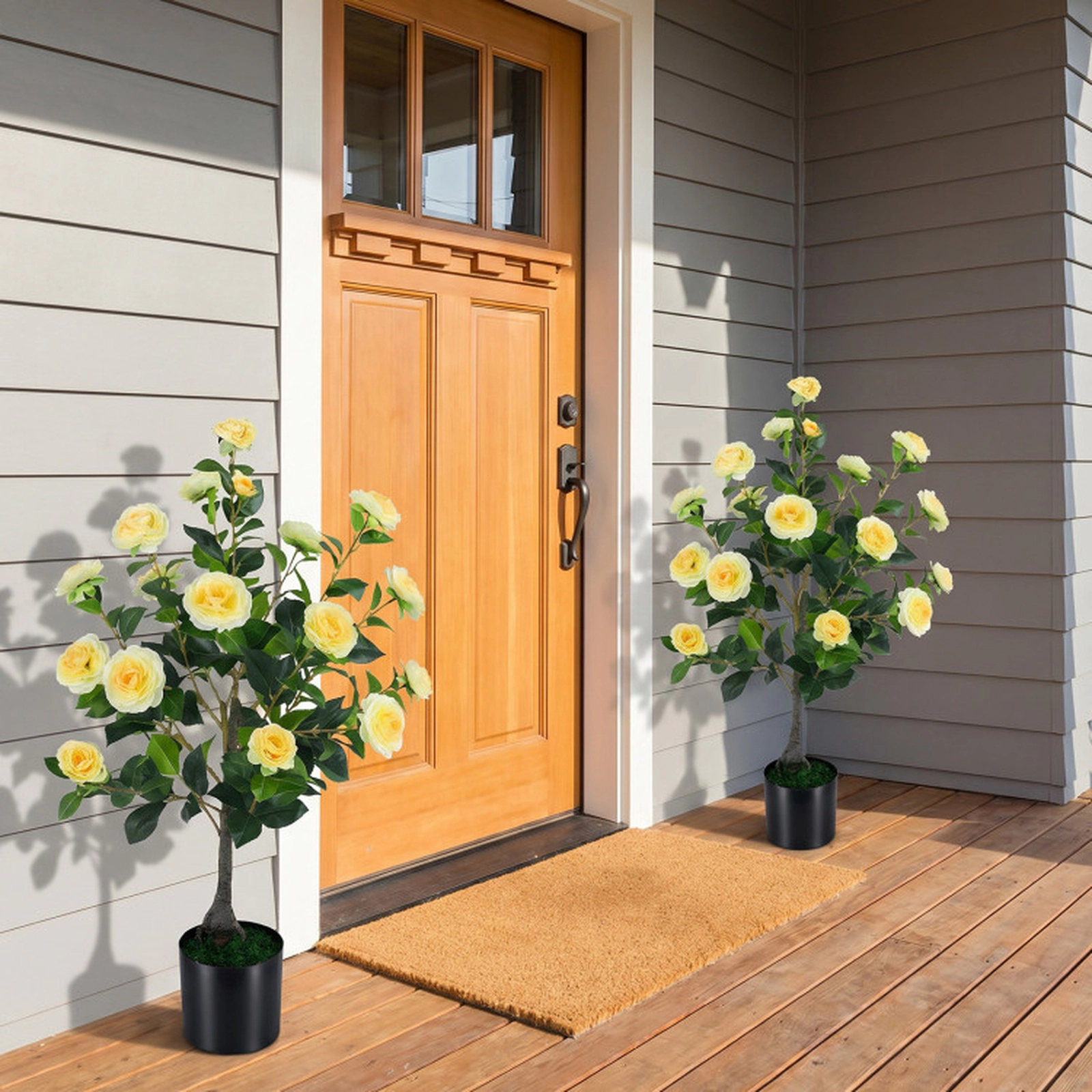 SUGIFT Artificial Camellia Tree Faux Flower Plant in Cement-Filled Pot 35.5-in Tall Yellow