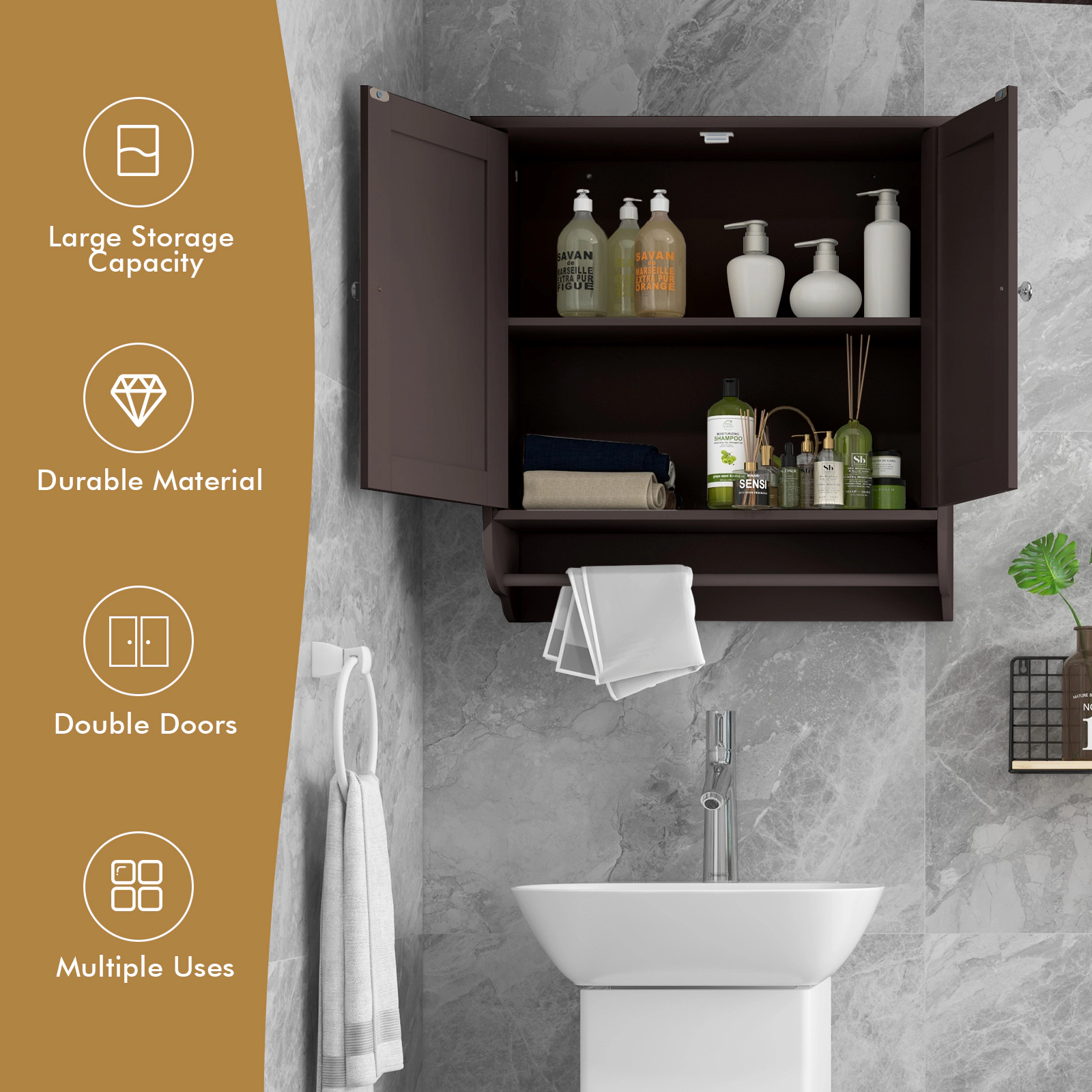 SUGIFT 2-Door Towel Bar 3-Position Shelf Engineered Wood Medicine Cabinet 23.5-in x 8-in x 24.5-in 100-lb Brown