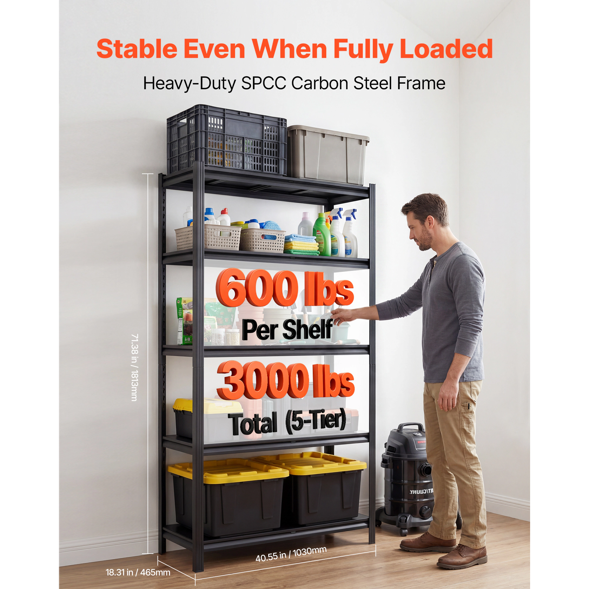 Flynama 5 Tier 40.6 x 18.3 x 71.4 in Shelves 3000 LBS Adjustable Heavy Duty Utility Rack for Garage Warehouse