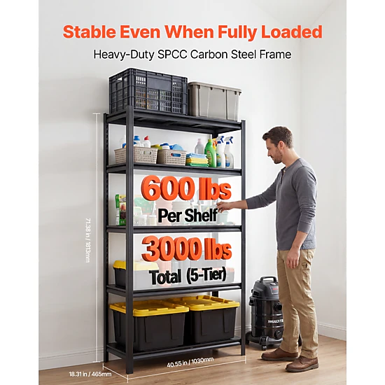 Flynama 5 Tier 40.6 x 18.3 x 71.4 in Shelves 3000 LBS Adjustable Heavy Duty Utility Rack for Garage Warehouse