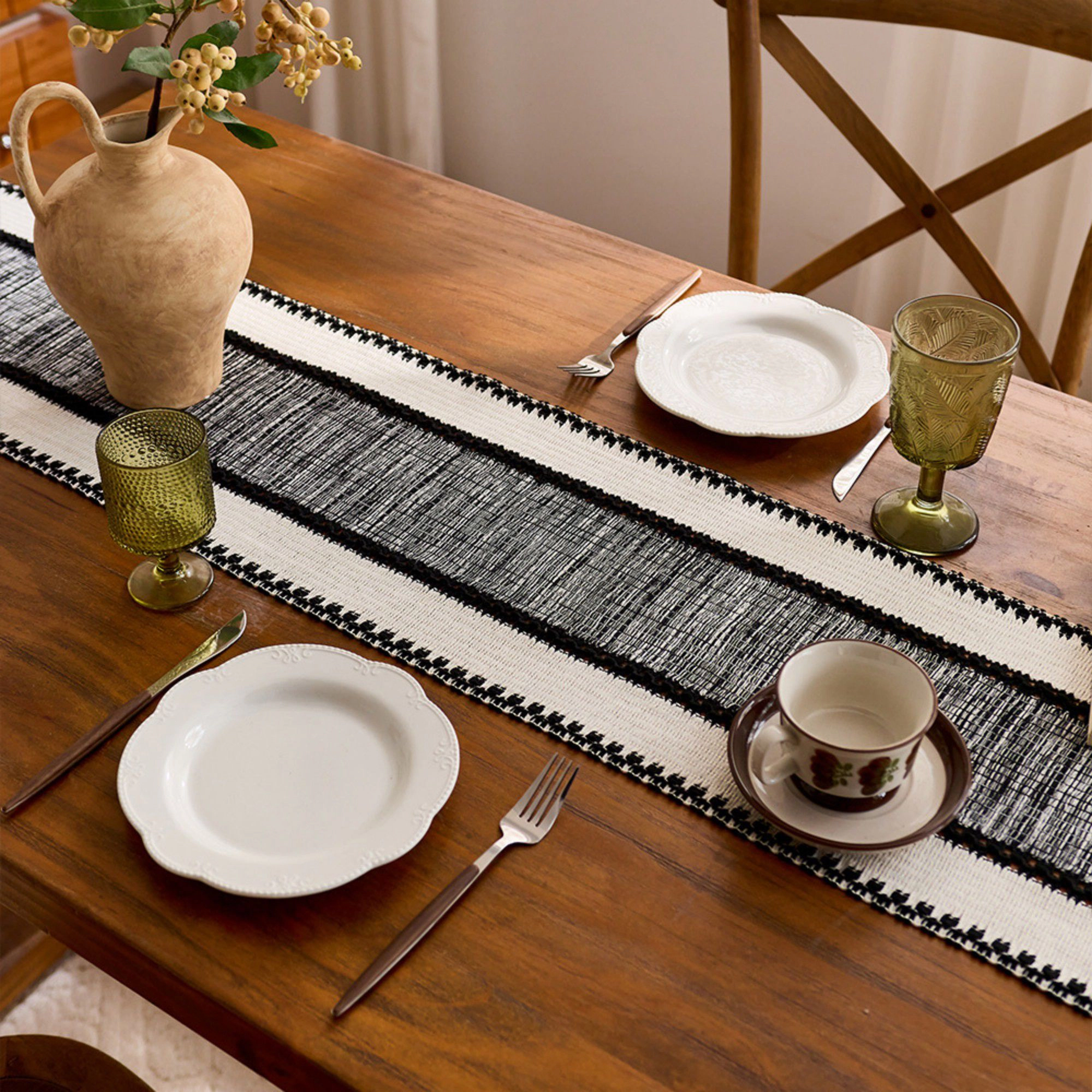 Alilang Unisex Textured Woven Table Runner with Fringe Edges and Bohemian Stripe Pattern 47x11.8