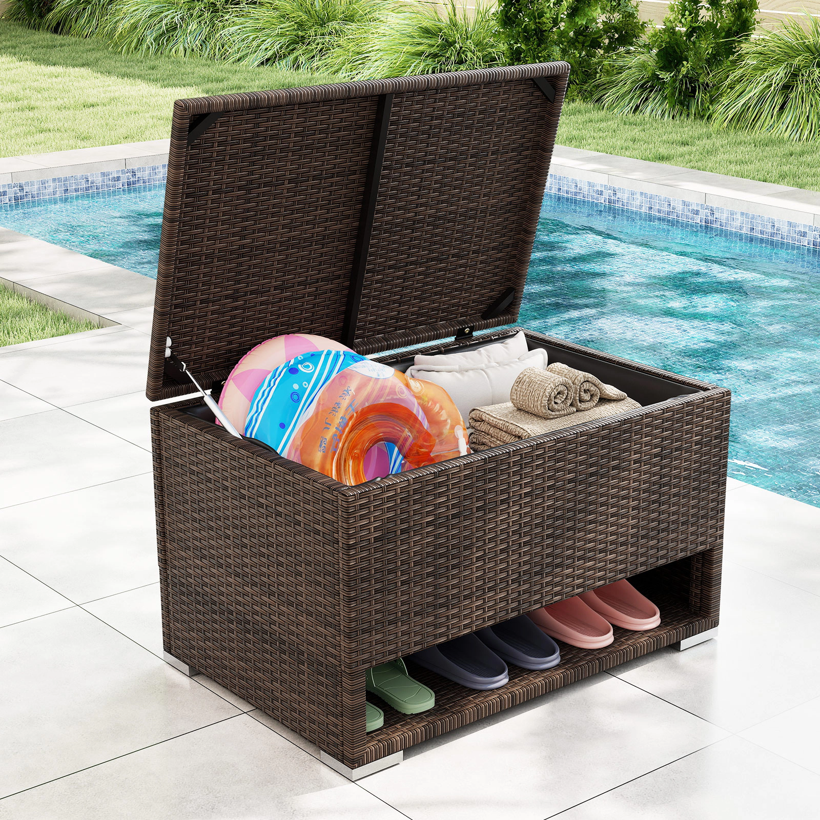 SUGIFT PE Rattan Outdoor Storage Box with Waterproof Liner 48-Gallon 38-in Wide 110-lb Lid Capacity Mix Brown 1-Piece