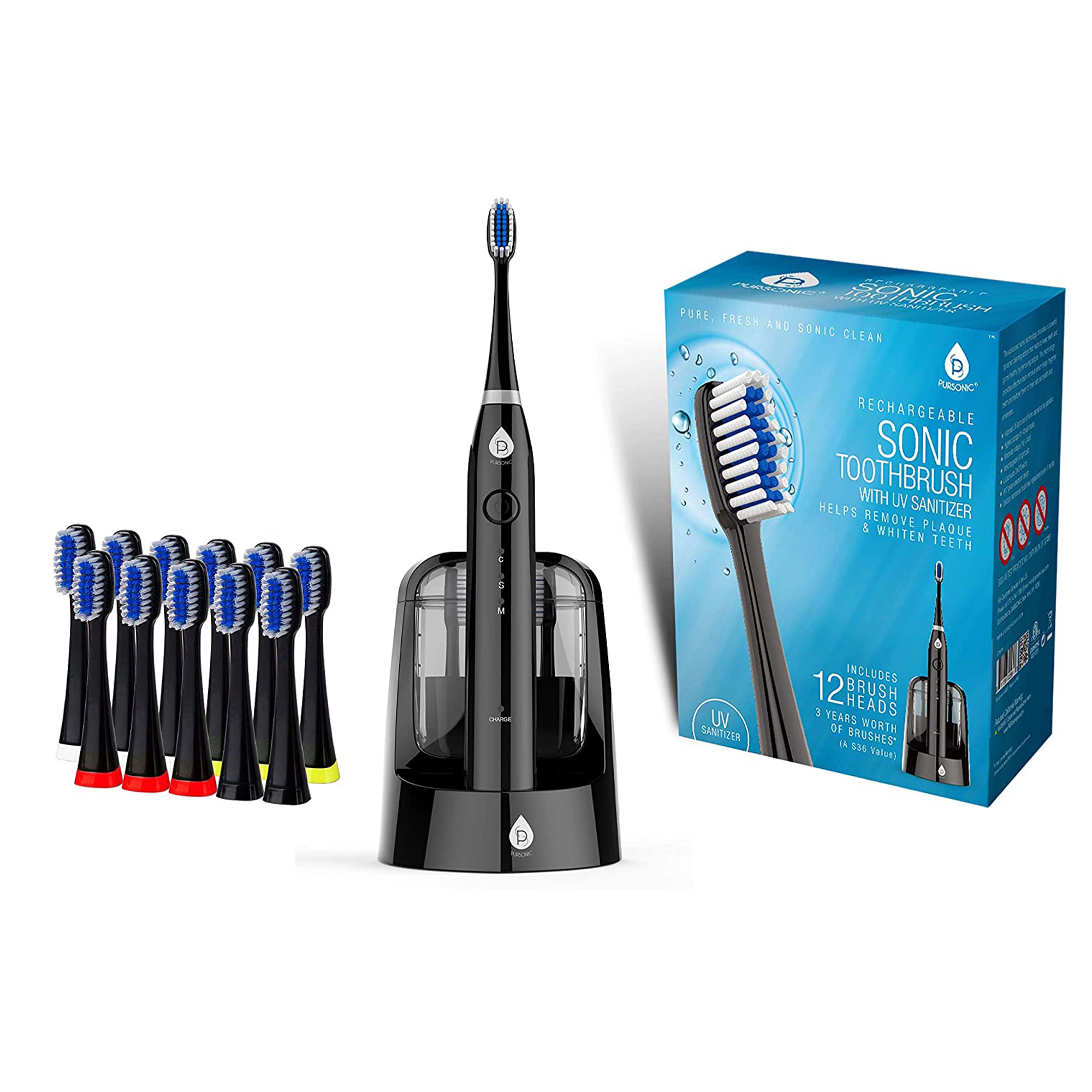 Pursonic Unisex S750 Electric Smart Series Electronic Power Rechargeable Battery Toothbrush with UV Sanitizing Function, Includes 12 Brush Heads