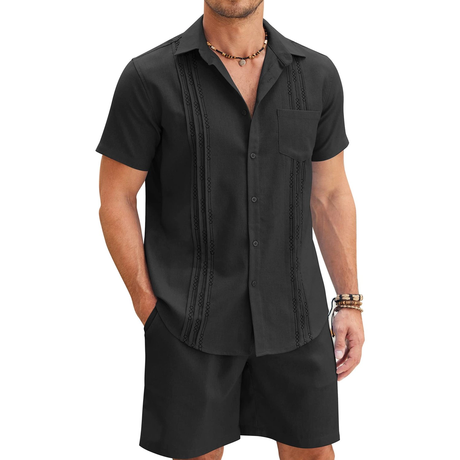 COOFANDY Mens  Short Sleeve Button Down Shirts Casual Stripe Print Shorts Set