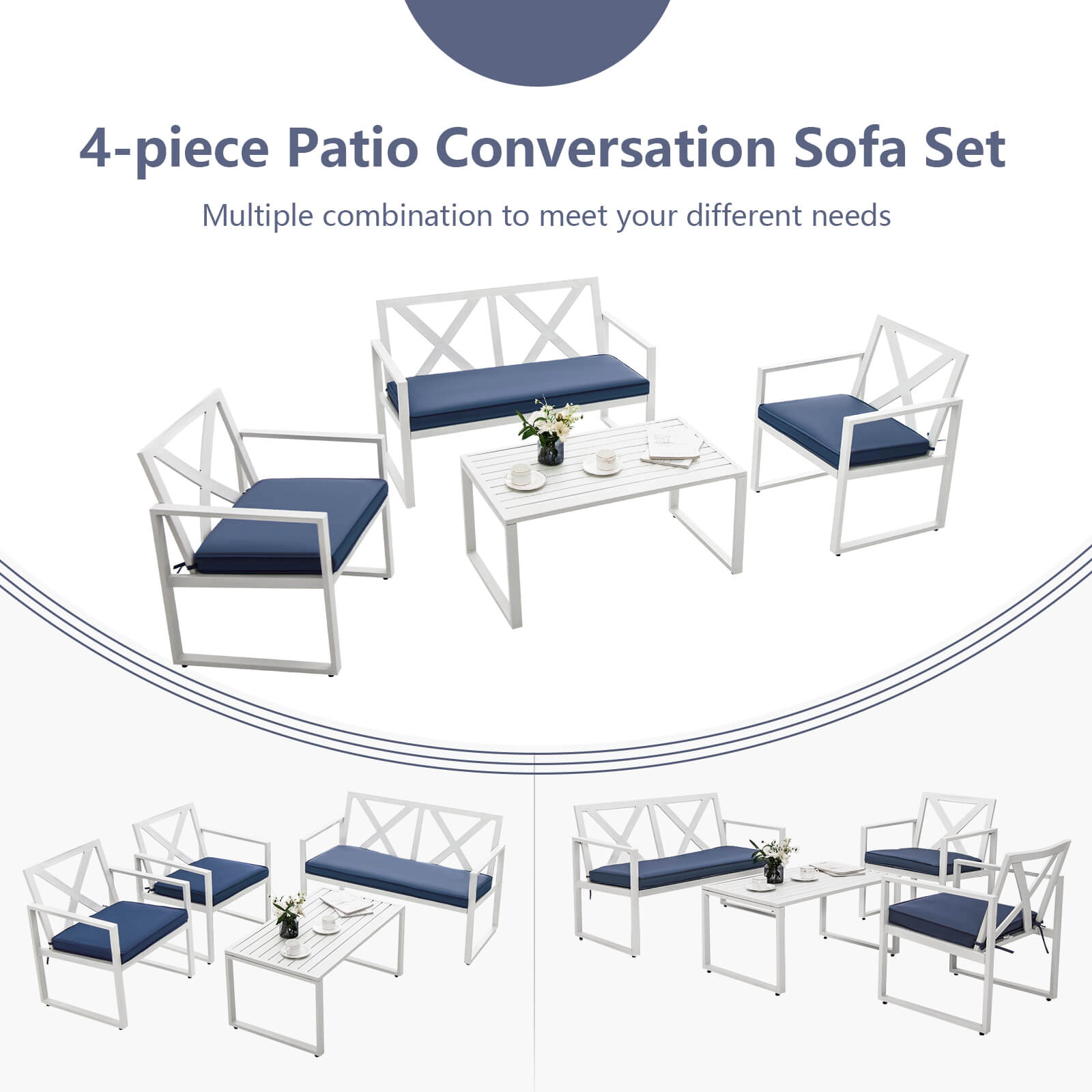 SUGIFT White and Navy Steel Frame Loveseat and Side Table 4-Piece Outdoor Conversation Set
