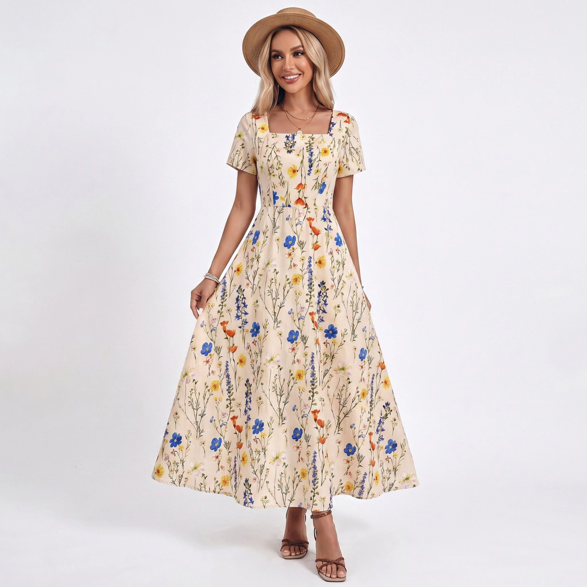 Anna-Kaci Women's Floral Square Neck Short Sleeve A-Line Button Front Maxi Dress